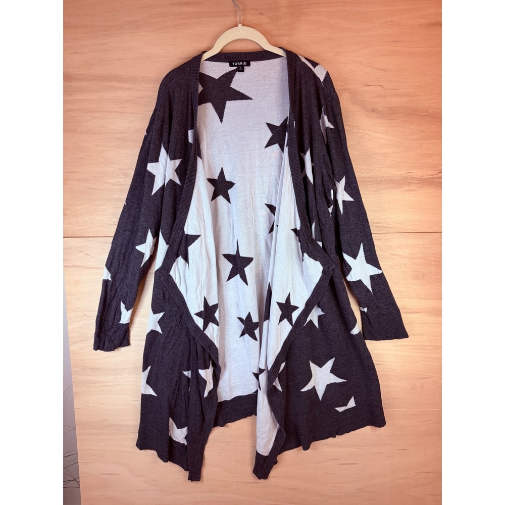 Torrid Star Print Open Front Cardigan Grey White Longline Viscose Sweater 3 Plus